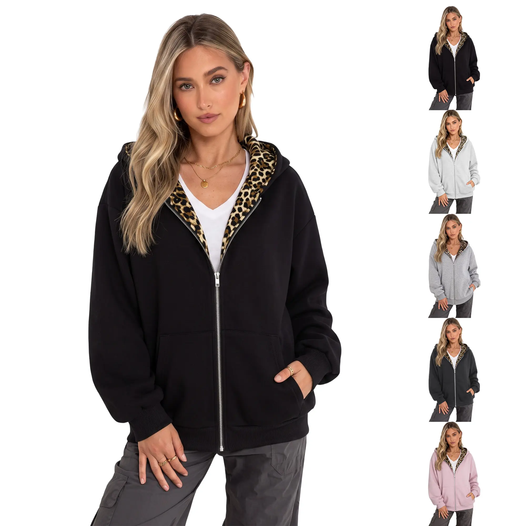 Women’s full-zip hooded sweatshirt jacket with leopard-print lining and soft fleece; loose, casual outerwear with pockets; available in multiple colors; suitable for everyday wear, street style, home lounging, and weekend outings.