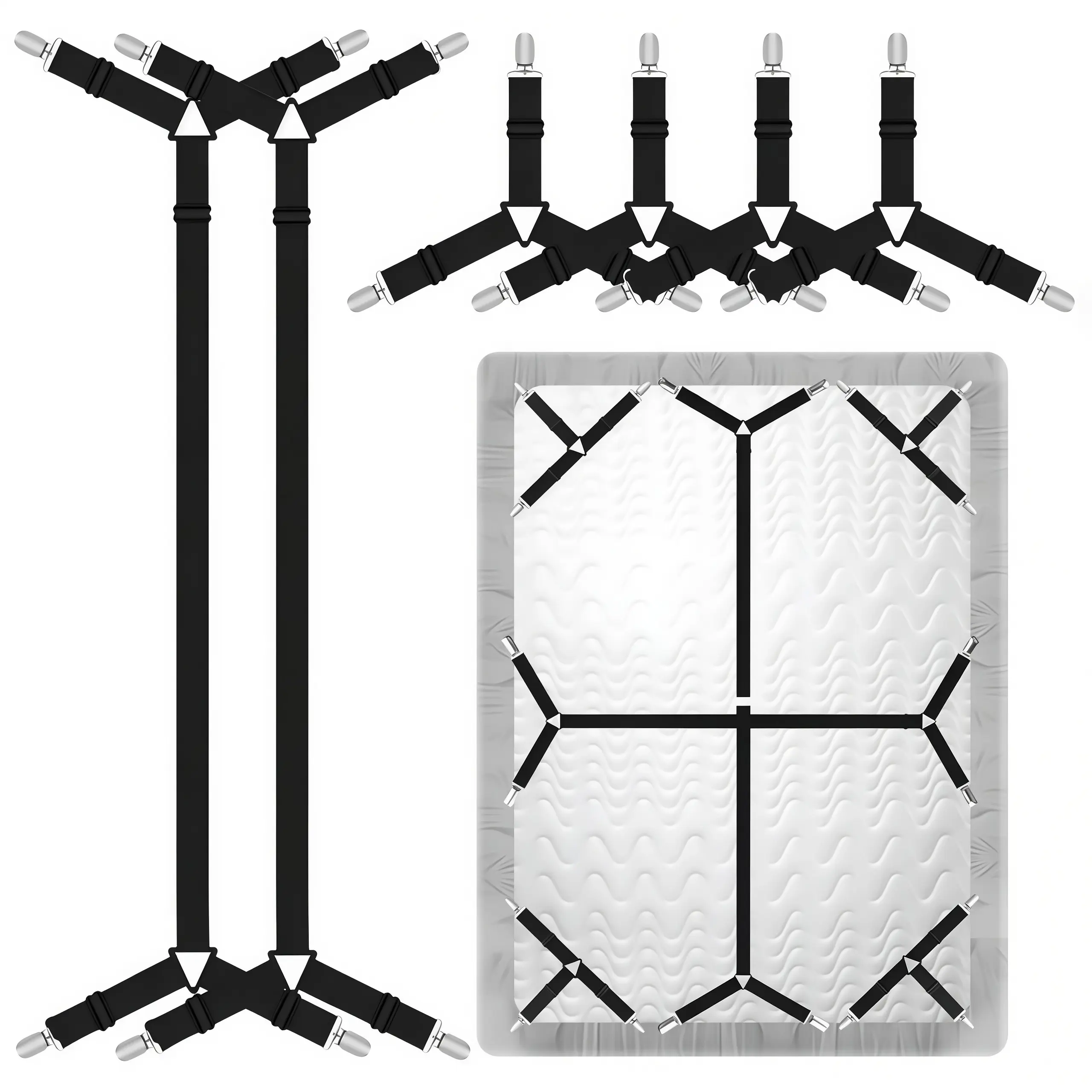 LMMAKE 6PCS Adjustable Crisscross Sheet Holder Straps, Heavy Duty Bedsheet Grippers with Locking Clips, Adjustable Tension Mattress Suspenders Bedding Accessories (Black)