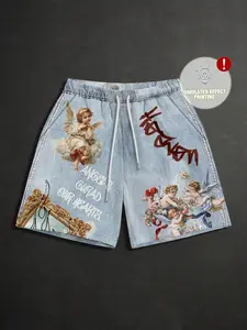 New Summer Retro Angel Print Shorts, Men's Street Graffiti Loose Fit Casual Shorts, Trendy Graphic Design for Daily Wear
