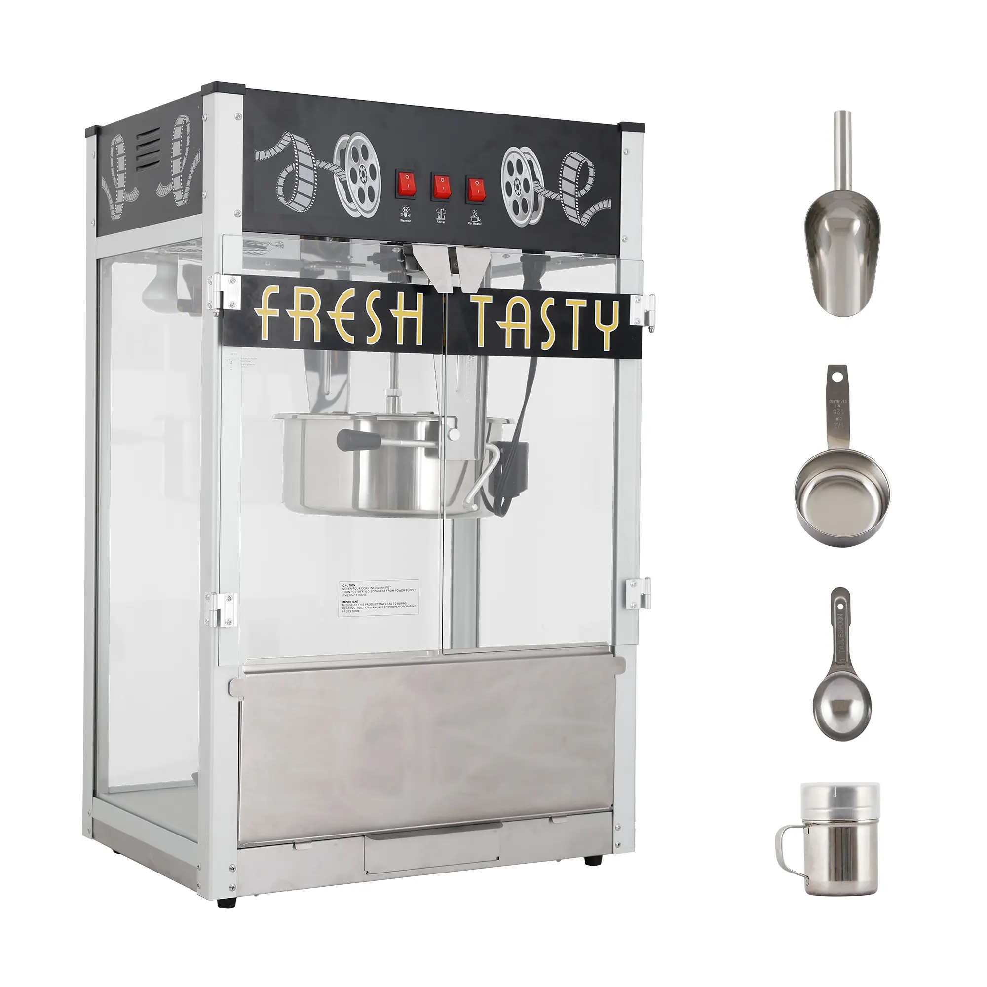 1600W Commercial Stainless Steel Tabletop Popcorn Machine with 30 Oz Kettle, 3-Switch Control, Built-In Stirrer, Popcorn Heating, 100+ Cups Capacity, Black Popper for Family Gatherings, School, Corporate, Retro Cinema Use