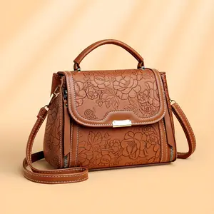 Elegant Floral Embossed Handbag For Women - Chic Faux Leather Crossbody Bag With Zip Closure, Available In Deep Brown/Red/Black