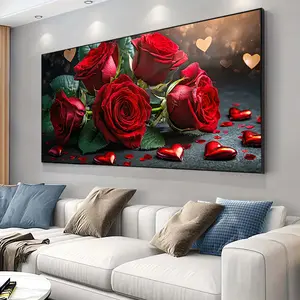1 Piece Framed Canvas Painting, Large Canvas Art, Modern Valentine's Day Rose Bouquet Canvas Art - Romantic Red Roses and Hearts Wall Decor, Perfect for Home Decor, Valentine's Day Decorations, Perfect for Living Room, Bedroom Office Decoration.