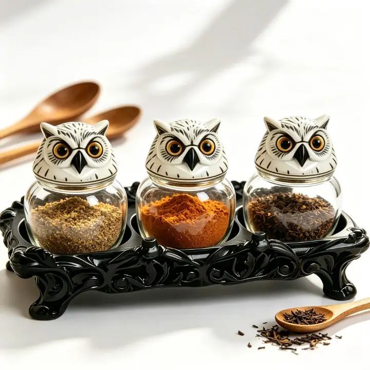 3-Piece Spice Jar Set with Tray - Vintage Cottagecore Glass Canisters, Handcrafted Ceramic Owl Lids, Cute Kitchen Storage Containers, Charming Home Decor Gift for Everyday Use, Farmhouse Kitchen Organizer