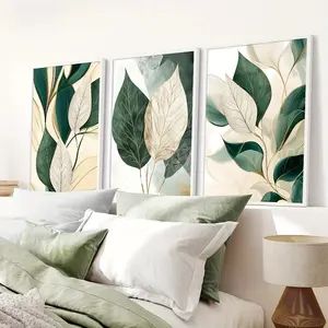 3pcs/set Frameless Elegant Beige Green Leaf Art Prints Wall Decor for Living Room Bedroom or Office Canvas Posters Ideal Home Gift Poster