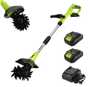 Cordless Garden Tiller Cultivator for Raised Beds and Yards, 20V with 2 × 2.0Ah Batteries, 9-Inch Width, 6.3-Inch Depth, Black and Green