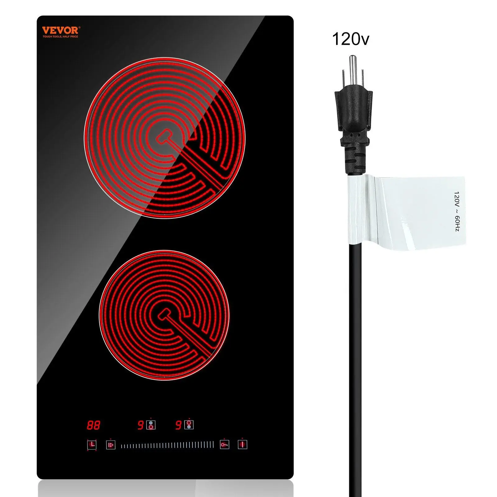 VEVOR Built in Electric Stove Top, 20 x 11.6 inch 2 Burners, 110V Glass Radiant Cooktop with Sensor Touch Control, Timer & Child Lock Included, 9 Powe