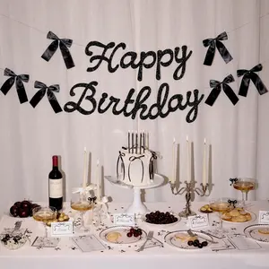 Happy Birthday Banner, Black Glitter + Satin Bows - 5.5 Ft. | Birthday Decorations, Coquette Bday Decor, 30th Party Sign, 21st Photo Booth Backdrop