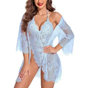 Women Sexy Lingerie Set 2 Piece Lace Kimono Robe with Lace Teddy Lingerie Bodysuit