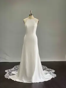 Women's Minimalist Sheath Wedding Dress in Solid Crepe, Halter Neck Gown with Scalloped Illusion Lace Chapel Train, Modifiable