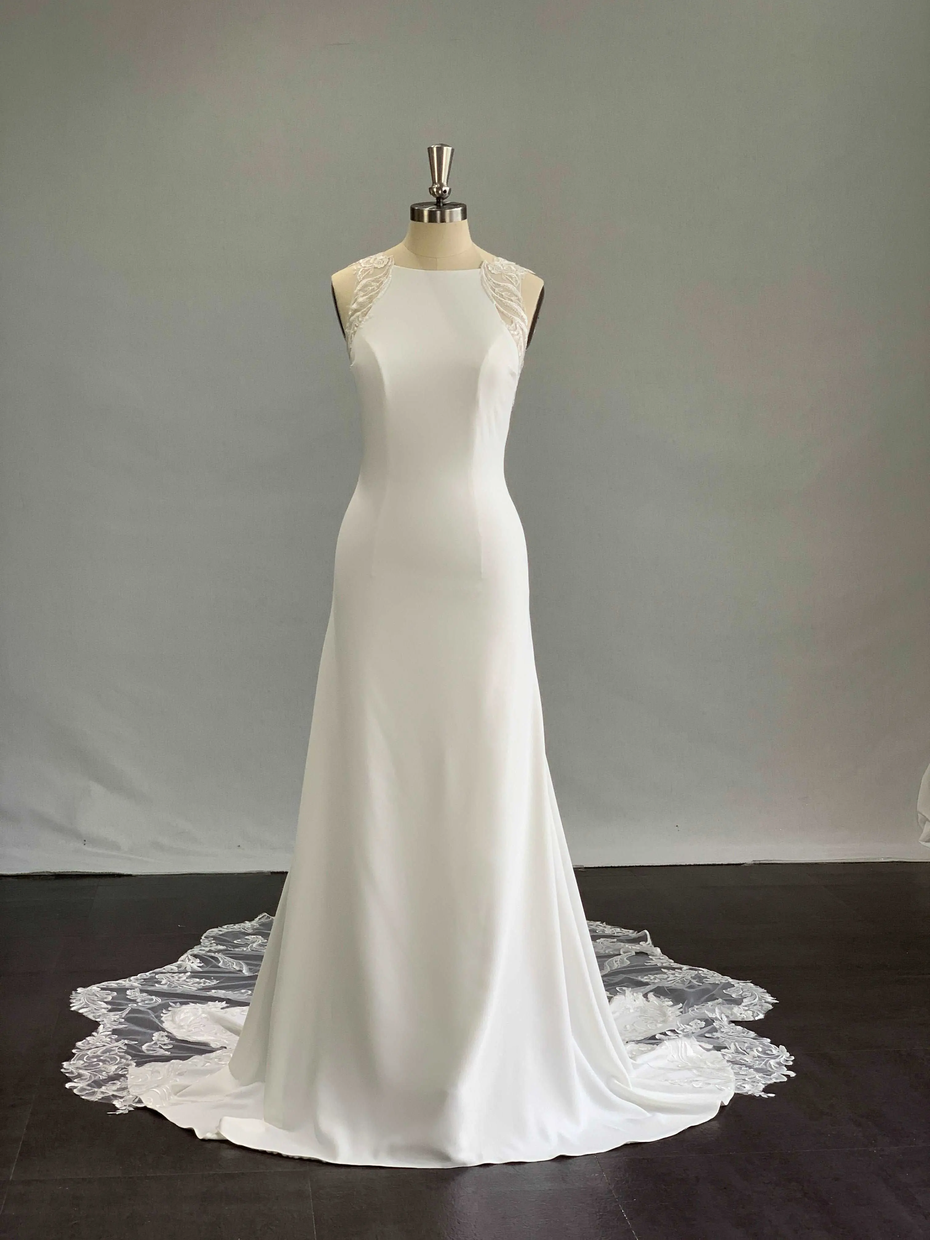 Women's Minimalist Sheath Wedding Dress in Solid Crepe, Halter Neck Gown with Scalloped Illusion Lace Chapel Train, Modifiable