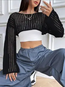 Women's Hollow Out Drop Shoulder Crop Knit Top, Casual Long Sleeve Boat Neck Crop Top for Spring & Fall, Women's Knitwear
