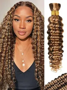 Ombre Braiding Hair 2 Bundle 100g 16 Inch 4/27 Human Braiding Hair Honey Blonde Braiding Hair Highlight Water Wave Bulk Human Hair Curly Hair Extension Human Hair For Micro Braiding No Weft For Boho Braids