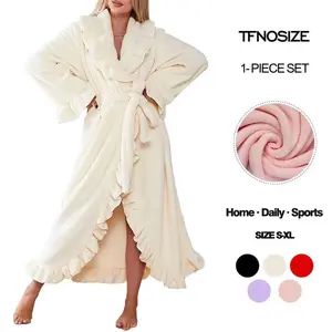 TFNOSIZE Fall & Winter Fitted Flannel Long Sleeved Robe with Ruffle Hem Fursuit, Cozy Warmth and Elegant Style, Thick and Soft Layered Bathrobe Elegance FeminineGift