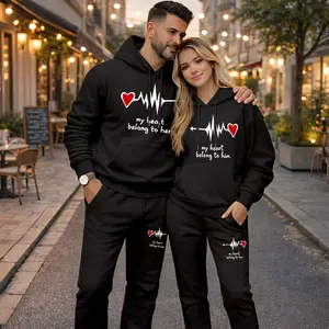 Couple's Heartbeat Print Hoodie and Sweatpants Set, Casual Sportswear, Long-Sleeve Hooded Jacket and Pants, Suitable for Autumn, Winter, and Spring, Everyday Wear, Tracksuit