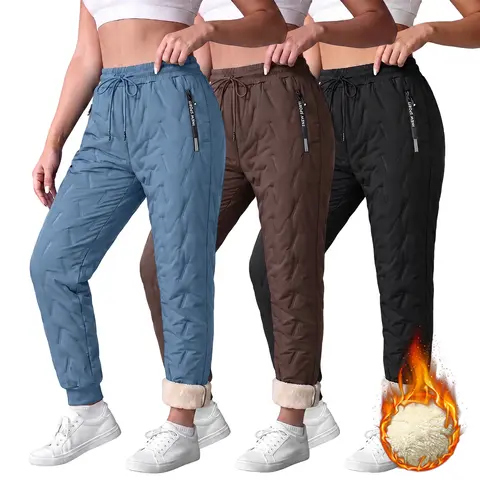 Women's 3-Pack Winter Warm Sherpa-Lined Quilted Thermal Jogger Sweatpants - Drawstring Elastic Waist, Zipper Pockets, Comfy Casual Outdoor Trousers, Ideal for Gifting, Women's Clothing Essentials, Sweatpants For Women