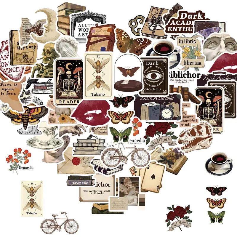 Vintage Gothic Aesthetic Sticker, 50pcs/set Dark Academia Decorative Sticker, Witchy Aesthetic Sticker for Water Bottle, Laptop, Self Adhesive Stickers