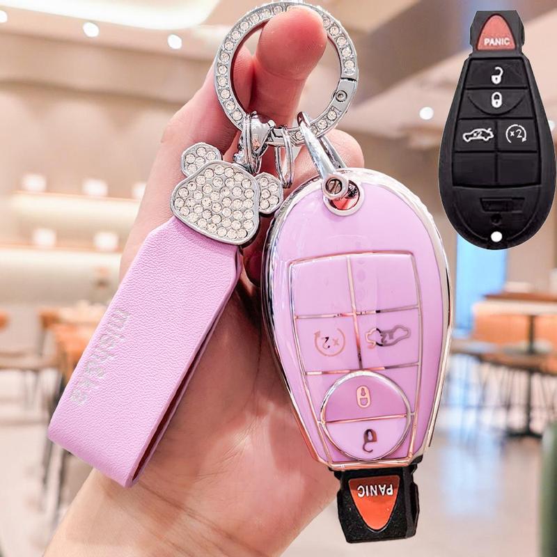 Car Key Case, 1 Count Rhinestone Decor Car Key Protector with Keychain, Car Key Case for Jeep Grand Cherokee 09-12 Chrysler 300 Dodge Charger RAM