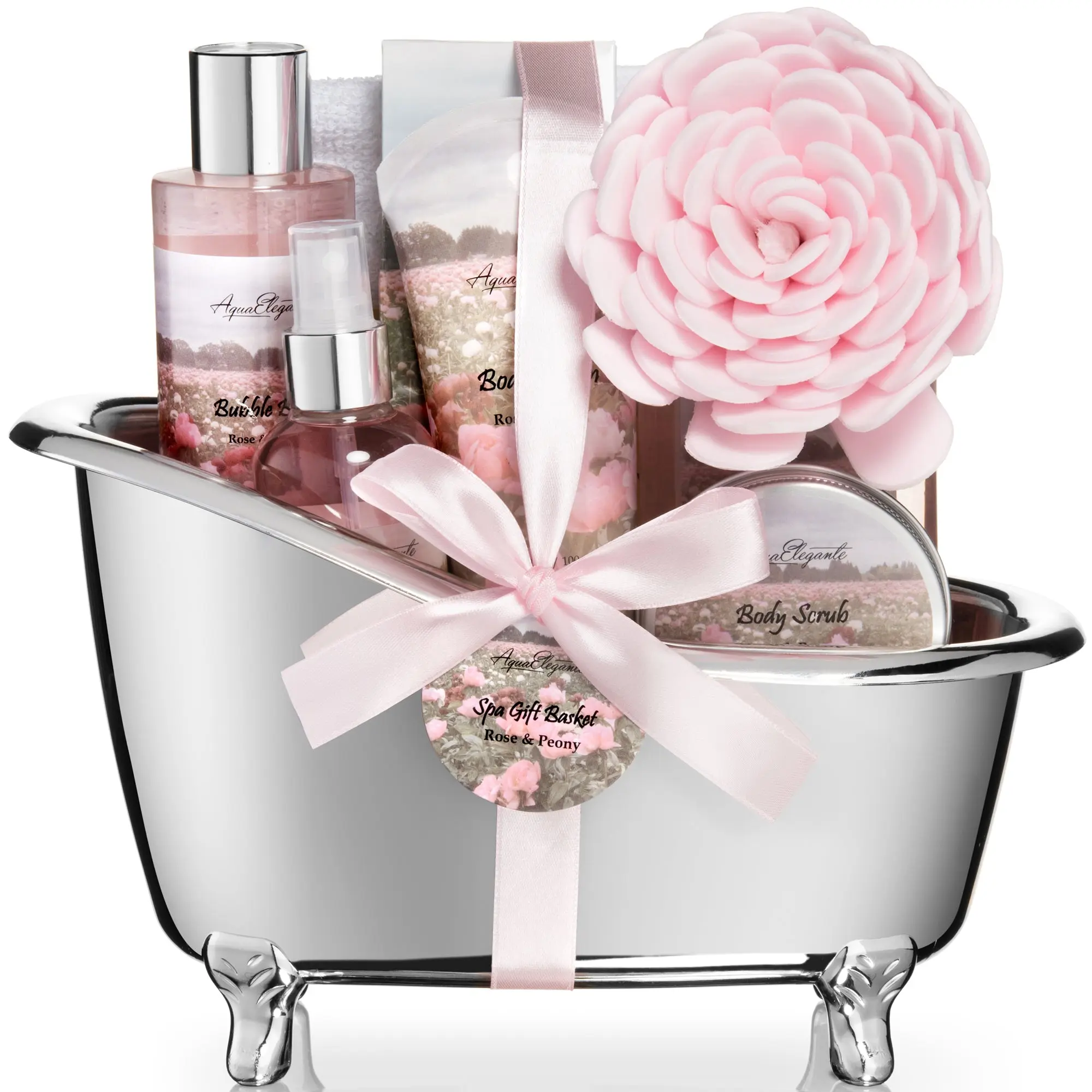 Aqua Elegante Spa Gift Basket - Luxury Bath Set with Body Wash, Bubble Bath, Lotion, Salts, Scrub, Spray, Shower Puff, Towel, Gifts for Women, Mom, Wife, Her