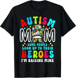 Autism Mom Raising Hero Groovy Messy Bun Autism Awareness Summer Casual Shortsleeve Cotton T-Shirt
