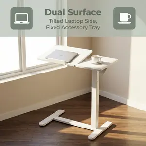Pneumatic Overbed Table with Wheels, Height Adjustable Mobile Laptop Desk, Tilting Split Top Bedside Stand for Sofa, Hospital, Home Use (White)