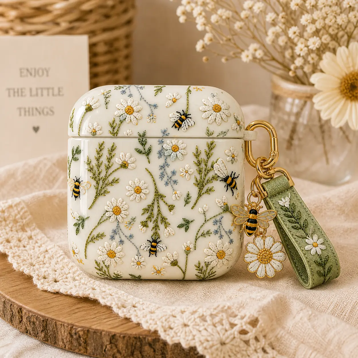 NO KEYCHAIN Bee & Daisy Floral AirPods Case, Cottagecore AirPods Pro Cover, Wildflower Botanical Earbuds Case, Glossy Polyester Protector