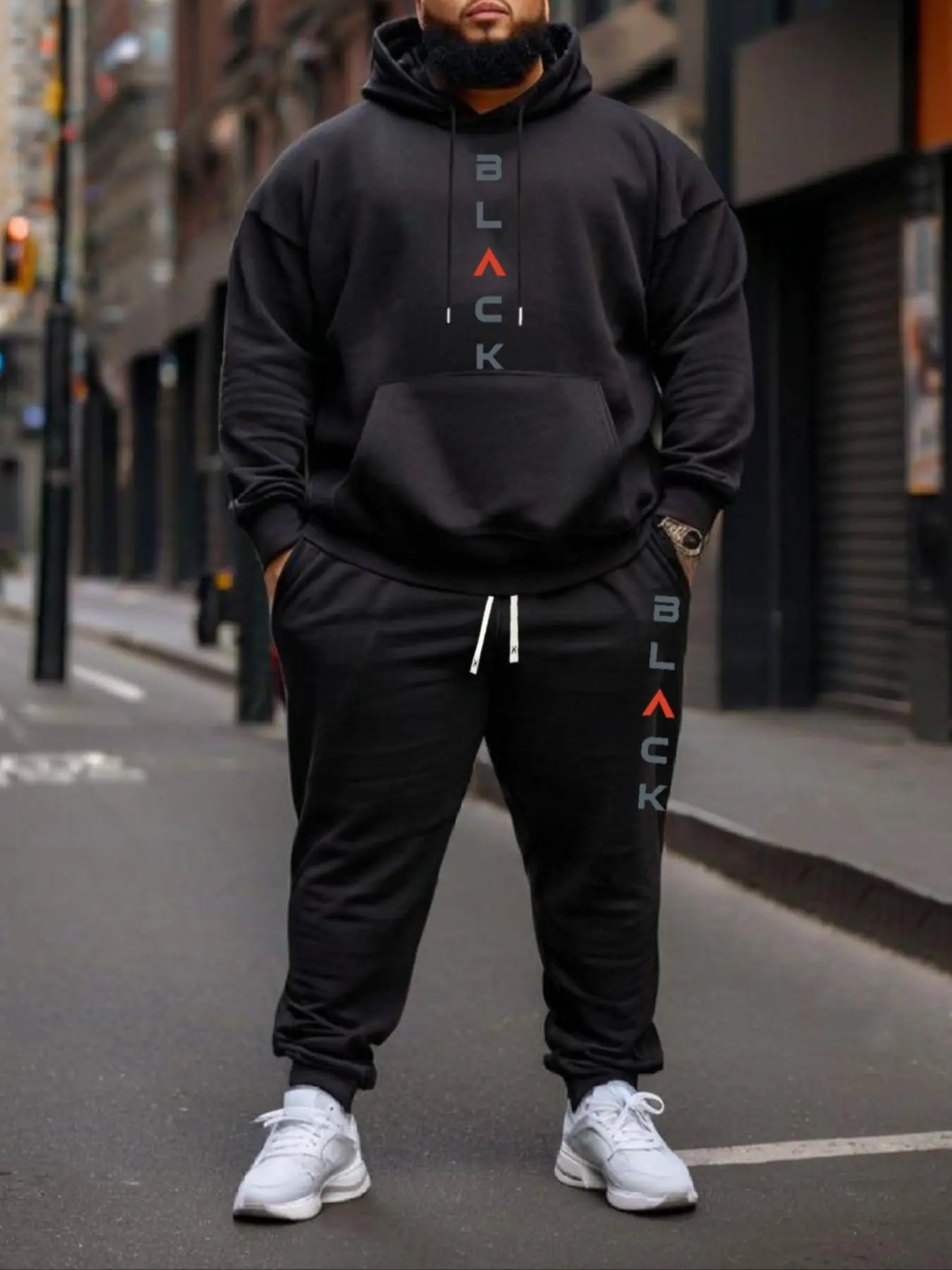 Plus Size Letter Print Hoodie & Sweatpants Set, Casual Long Sleeve Hooded Sweatshirt & Jogger Pants, Men's Outfits for Fall & Winter, Streetwear Tracksuit Matching Set