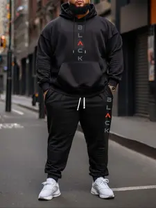 Plus Size Letter Print Hoodie & Sweatpants Set, Casual Long Sleeve Hooded Sweatshirt & Jogger Pants, Men's Outfits for Fall & Winter, Streetwear Tracksuit Set