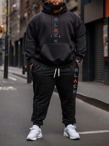plus size letter print hoodie & sweatpants set, casual long sleeve hooded sweatshirt & jogger pants, men's outfits for fall & winter