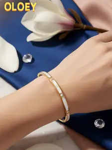 OLOEY 14K Gold-Plated Bangle Women's Fashion Bracelet with Rhinestone Accents & Unique Mother-of-Pearl Shell Inlay Minimalist Luxury Design Hypoallergenic