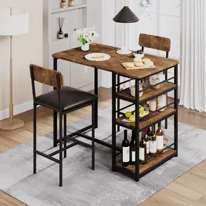 3-Piece Small Bar Table and Chairs Set for 2，Small Dining Table with 2 PU Cushioned Stools，3 Storage Shelves，Space-Saving and Modern Design for Breakfast Nook, Apartment, Bistro, Antique​​