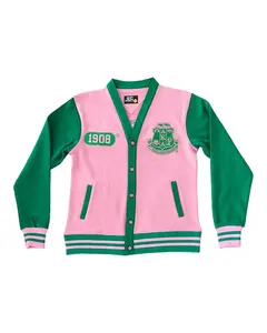 Alpha Kappa Alpha Cardigan - Pink Jacket with Green Sleeves, Front Button Closure, and Logo, Ideal for Men's Stylish Lawn Wear