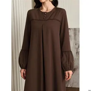 ForCasualDaily CasualModestLongSleeveTunicMaxiArabianDresses AlNajmaWomenSolidColorButtonDecoratedHalf - PlacketLanternSleeveElegantDress / Homewear