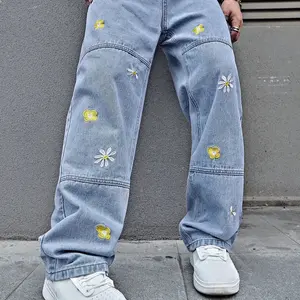 Manfinity LEND Men'S Plus Size Straight Leg Jeans With Flower Embroidery Menswear Fashion Floral Vintage