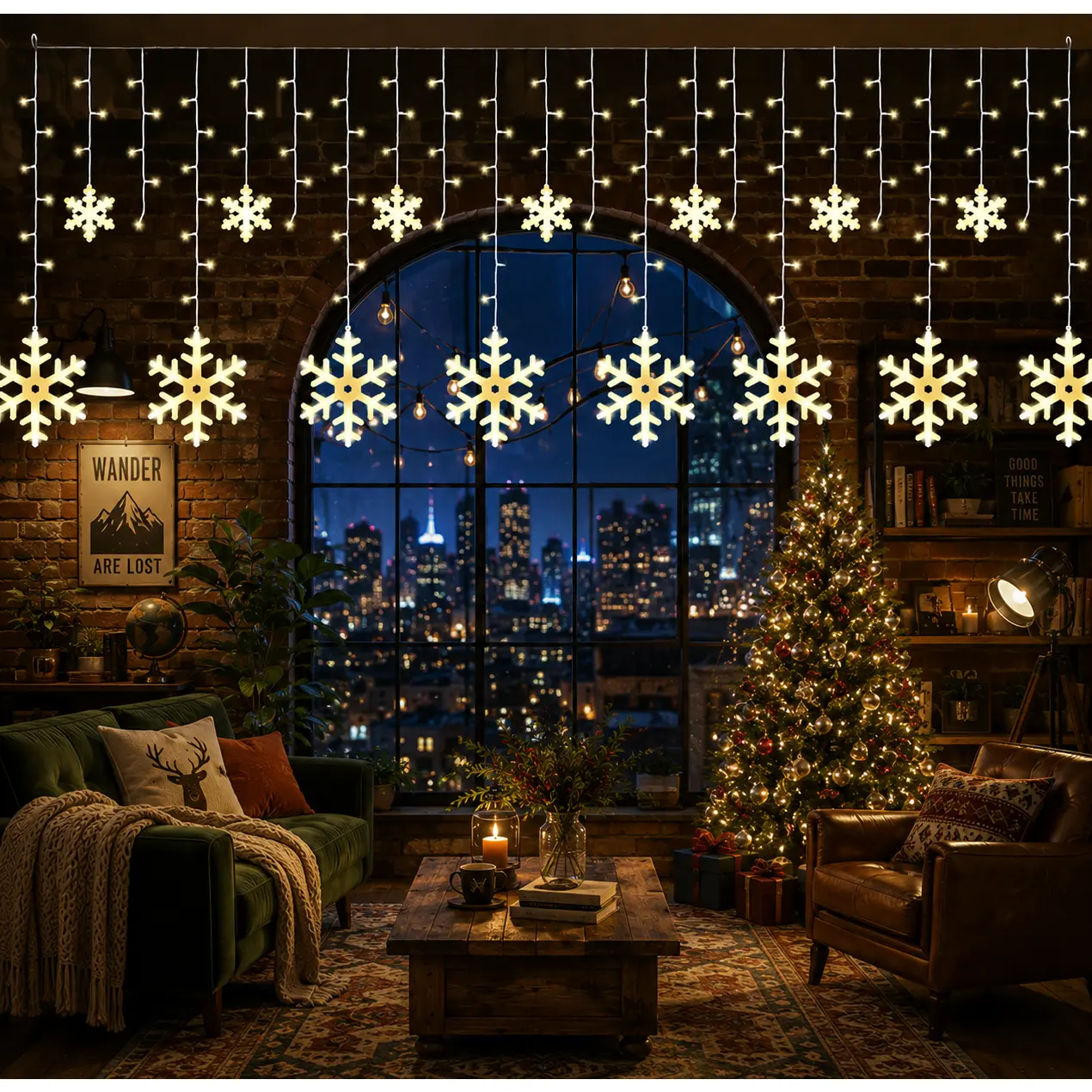 Magic Holiday Snowflake Curtain String Lights, 11.5Ft 158 LED Warm White Battery-Powered (Batteries Not Included), Connectable for Eaves, Window