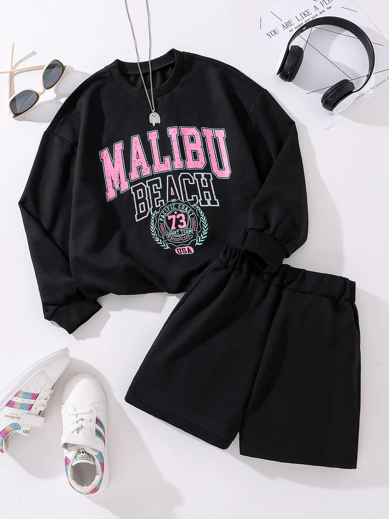 Two-Piece Set Girl's Letter Print Sweatshirt & Shorts Set, Casual Drop Shoulder Long Sleeve Pullover & Shorts for Daily Wear, Kids Fall & Winter Cloth