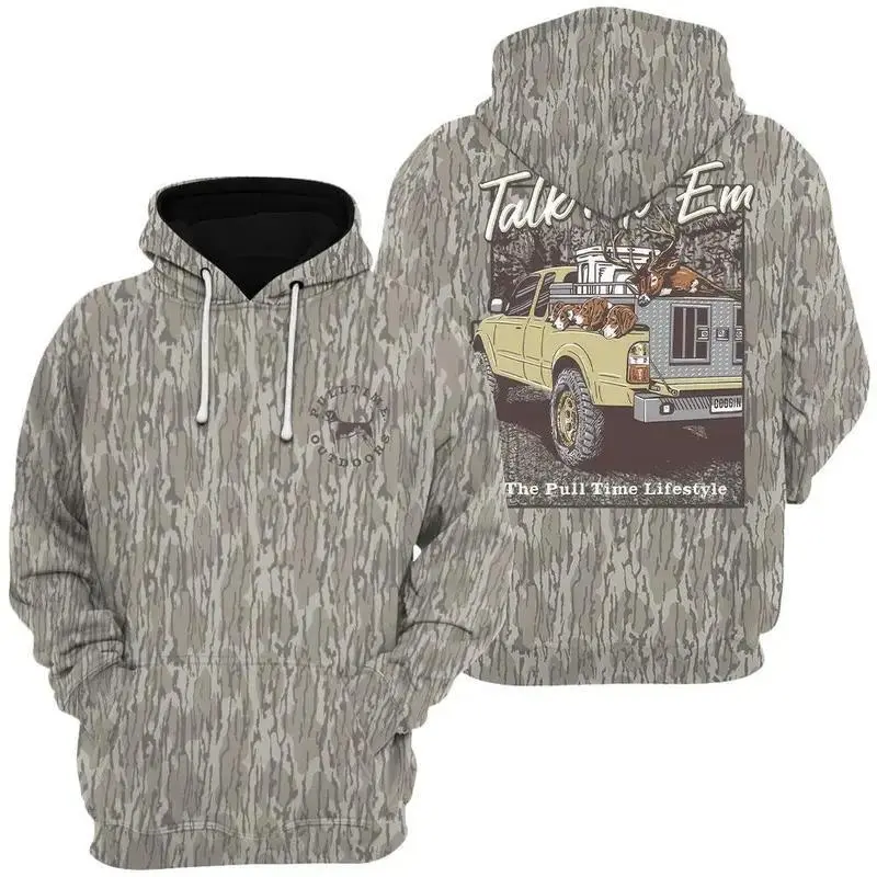 Talk'n to 'Em Deer Dogs Mossy Oak Bottomland Camo 3D Hoodie, Men's Hunting Pullover Hoodie, Vintage Hunting Graphic Sweatshirt, Outdoor Apparel, Gift for Dad, Husband & Hunter