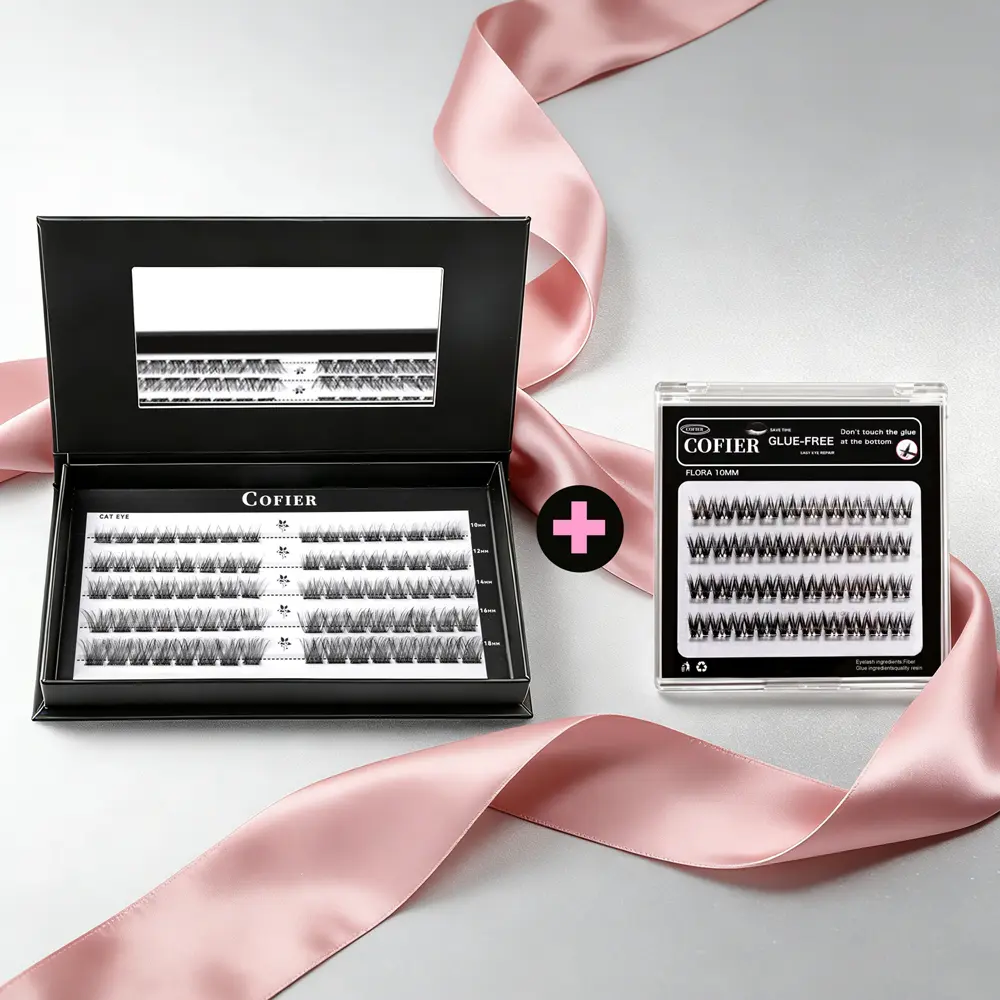 COFIER DIY Lash Extension Kit, No-Glue Soft & Lightweight Wispy Lash Clusters for At-Home Application, Multi-Length False Eyelashes with Tweezer, False Eyelashes & Adhesives, Lashes Clusters Kit, Eyelashes Clusters