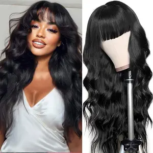 Body Wave Wigs with Bangs Human Hair Wig for Women Machine Made None Lace Front Wigs 180% Density Brazilian Virgin Human Hair Glueless Wig with Adjustable Drawstring