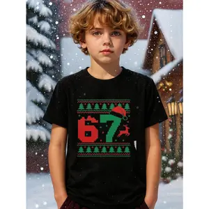 Young Boy's Ugly Christmas Sweater SIX SEVEN 67 Meme Fun Funny Christmas 67 Meme Fun Graphic Cotton T-Shirt For Young Boys, Black Christmas Family Gift Shirts For Christmas Holiday Fun Young Boys T-Shirt - Ugly Christmas Sweater Pattern, Summer Kids Funny