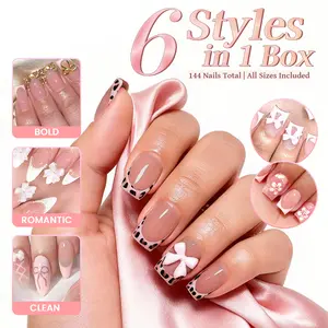 144 Pcs (6 Packs) Ashowner Pink French Press On Nails | 6 Mix & Match Styles | Bow, Leopard & 3D Charm Designs | Reusable Jelly Glue | Coffin & Almond | Nude Pink Coquette Nails | 12 Sizes