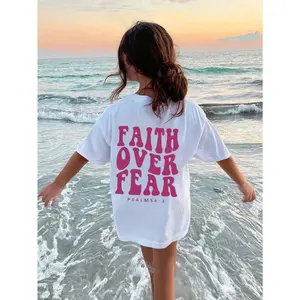Girls Faith Over Fear Graphic T-Shirt- Plaid Stretch Knit Short Sleeve T-Shirt, Machine Washable, White with Pink Print, Casual Crew Neck Top, Spring/Summer Tween Girls Clothing