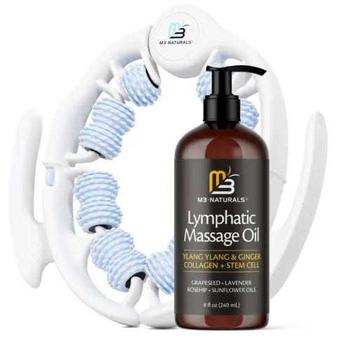 M3 Naturals Lymphatic Drainage Massage Oil + Body Roller Kit (8oz/240ml) - Ylang Ylang, Ginger, Collagen, Stem Cells - Deep Tissue Massage, Lymphatic Support, Detox - Cellulite, Sculpt & Tone Aid - Selfcare, Body Care