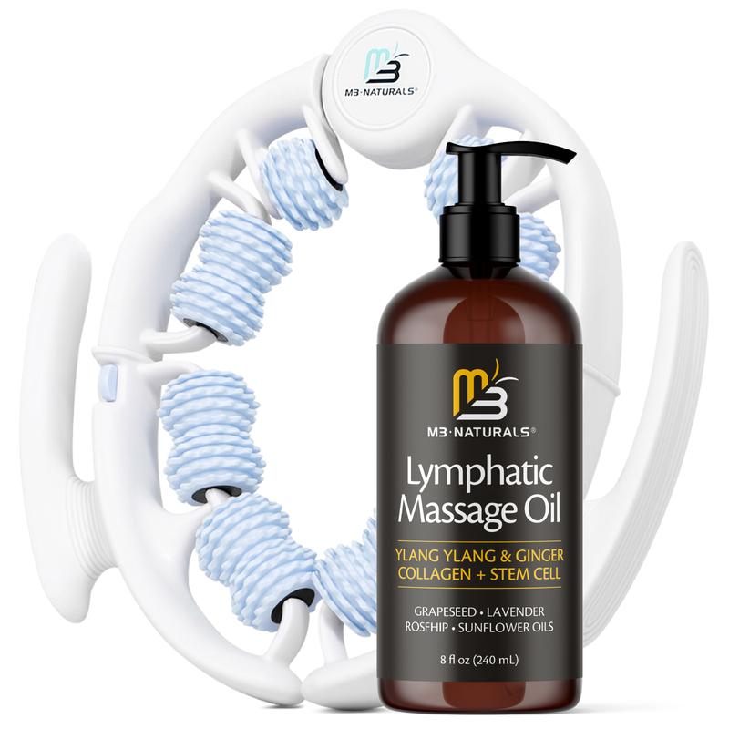 Lymphatic Drainage Massage Oil + Body Roller Kit, with Ylang Ylang, Ginger, Collagen & Stem Cells for Circulation, Detox, Cellulite Removal, Sore Muscle Relief & Skin Firming, 8oz by M3 Naturals