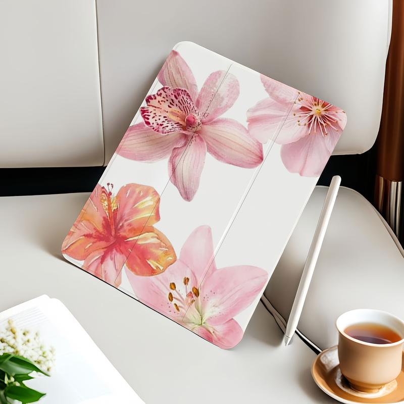 Pink Lily Foldable Flip Stand Pen Holder Anti-drop Protective Case for iPad mini Air Pro 10th 11th Gen Tablets Non-slip Adjustable Stand Flexible Hybrid Protection - Folding