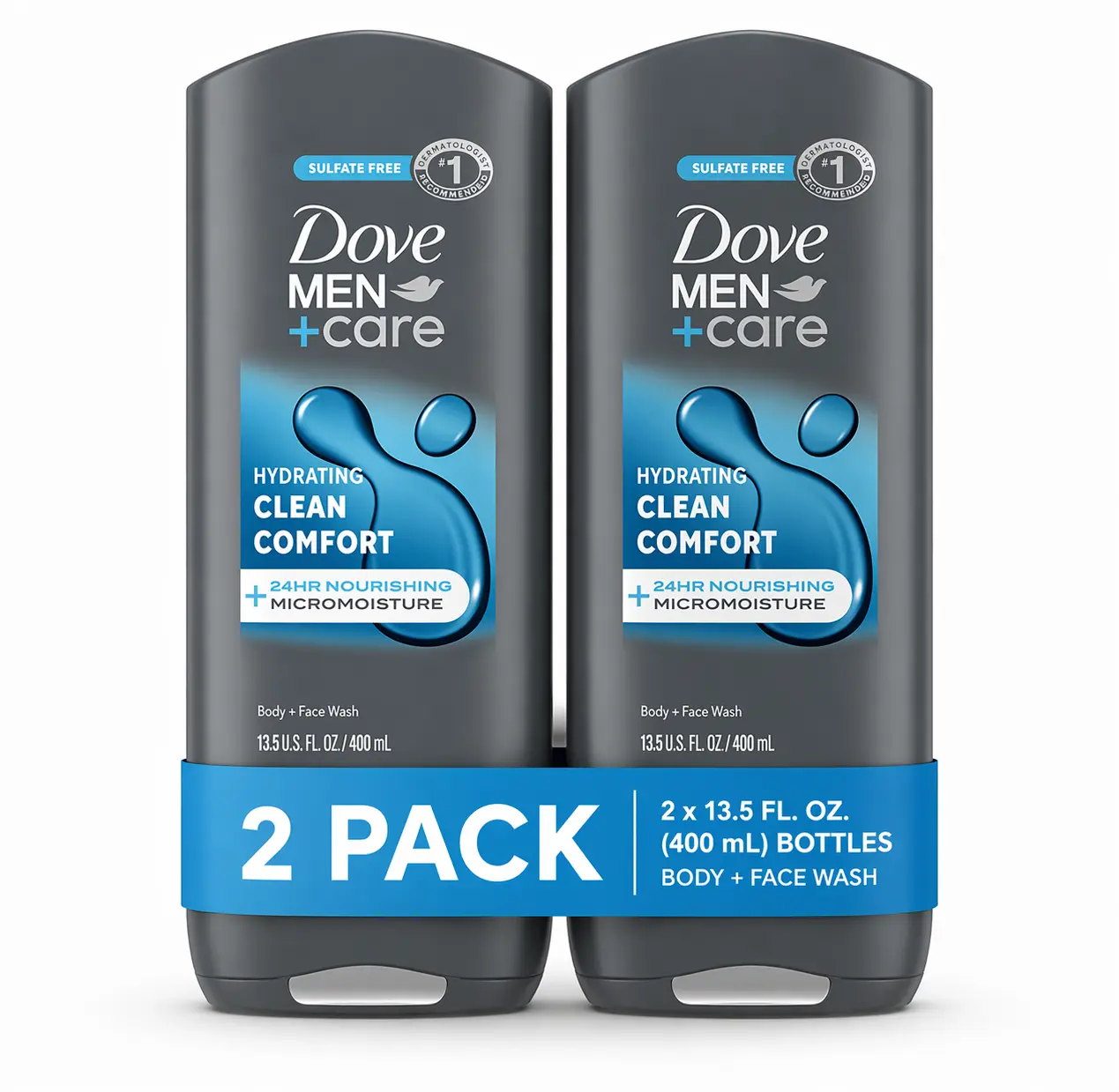 Dove Men Body Wash Clean Comfort 400ml (2-Pack) | Hydrating Daily Shower Gel | Fresh Clean Scent