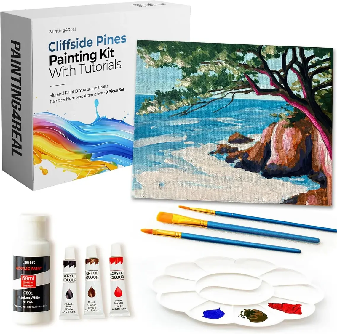 DIY Cliffside Pines Acrylic Painting Kit with Video Tutorials - 9pc Art Set for Adults & Beginners