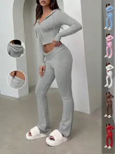 Women's 2 Piece Knit Set Zip Up Cropped Hoodie & Fold Over Flare Pants