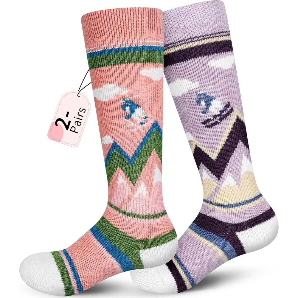 Kids' Thick Thermal Merino Wool Blend Ski Socks (2 Pairs) for Boys & Girls, High Elasticity, Anti-Static, Cotton-Infused, Snug Stretch, Small Children's Size, Snowboarding & Skating Use, Grey/Orange or Light Orange/Light Pink Options