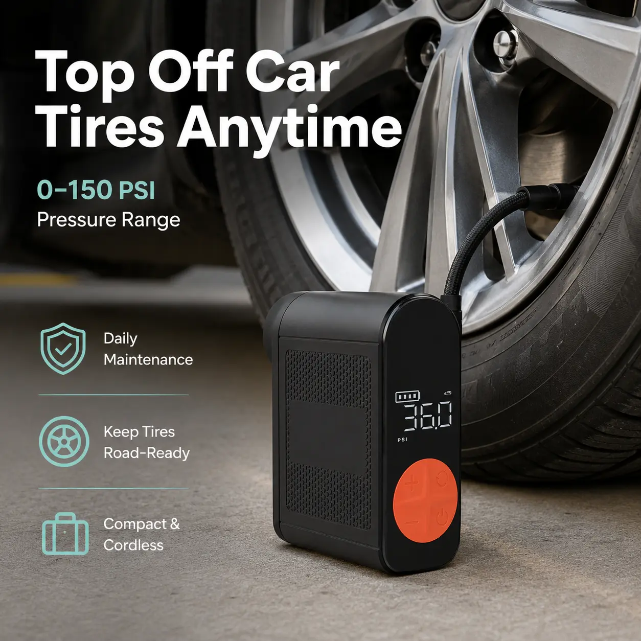 Portable Tire Inflator - Cordless Air Pump for Cars & Bicycles, 150 PSI Digital Compressor with Fast USB-C Charging, Compact Emergency Kit for Road Trips & Daily Use