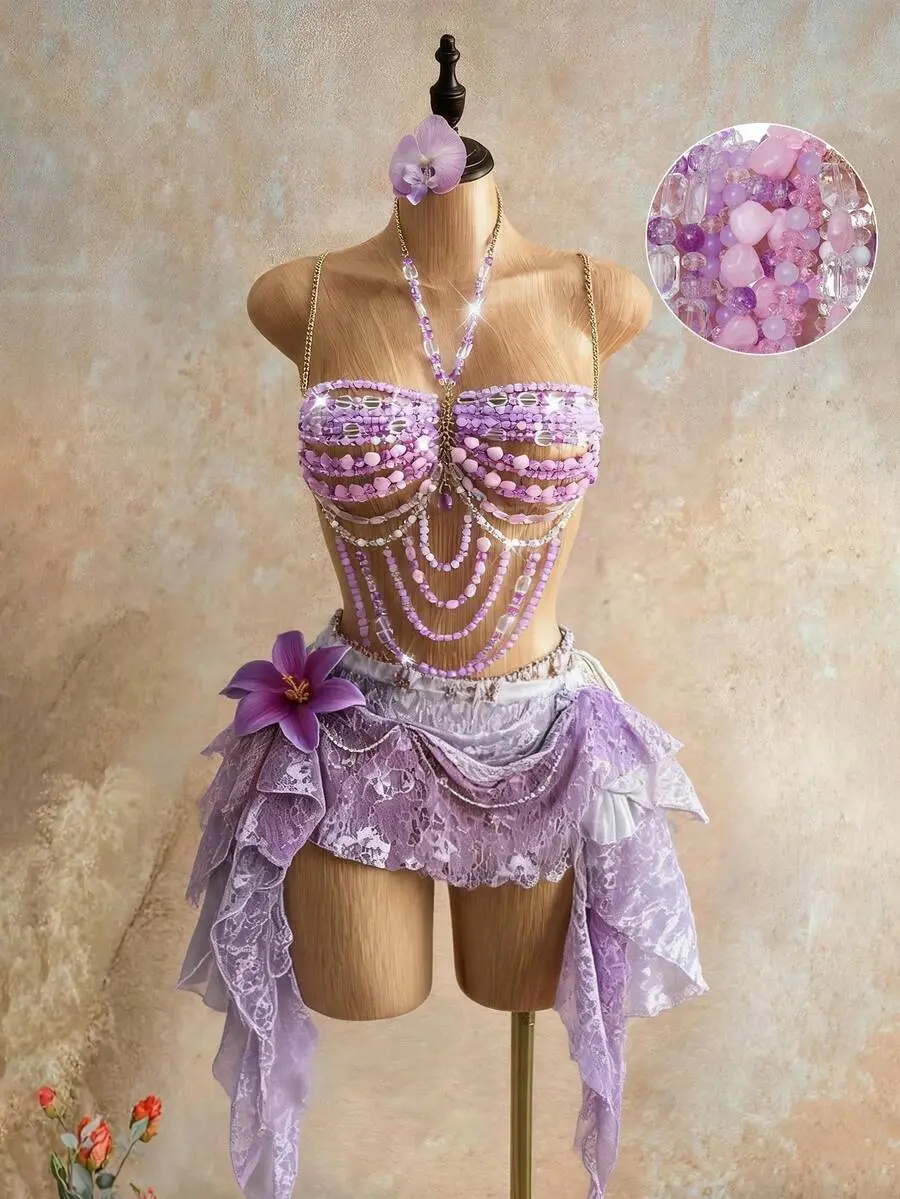 Womens Lilac Crystal Beaded Halter Top | Sequin Rhinestone Mesh Camisole | Y2K Summer Disco Rave Beach Club Outfit